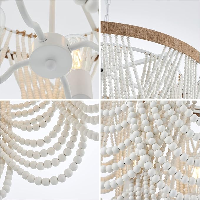 26” Boho Wood Beaded Chandelier Rustic Farmhouse Pendant Light 4-Lights Large Coastal Chandelier for Living Room Dining Room Foyer Entryway Bedroom, Oak White, E26, UL Listed