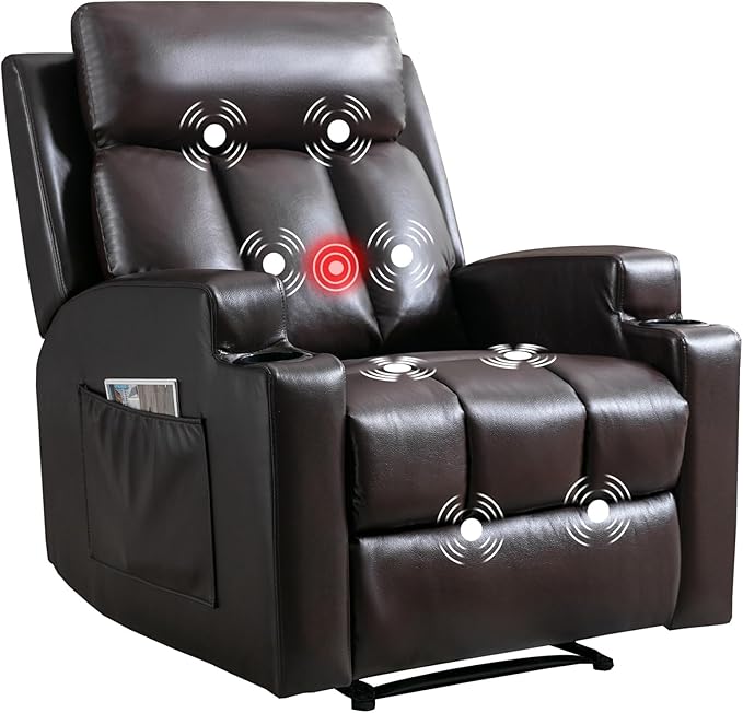 CANMOV Manual Recliner Chair with Massage and Heat,Breathable Leather Recliner Chair with Armrest and Backrest, Manual Reclining Single Sofa with 2 Cup Holders, Side Pocket for Living Room,Dark Brown