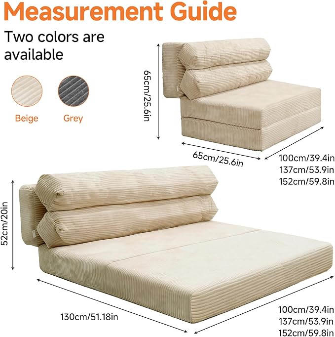 Convertible Sofa Bed, Folding Sofa Bed Couch, Pallout Floor Couch, Convertible Futon Chair Beds, Floor Teddy Sofas, Mini Couch for Bedroom, Love Seat Sleeper Beds(Beige White,51.1"×39.3"×23.6")