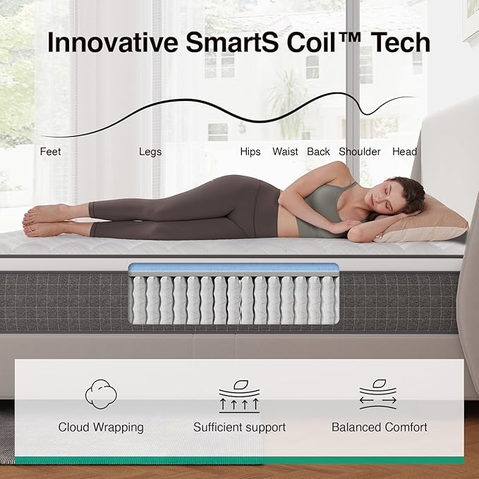 Novilla 10 Inch Twin Size Hybrid Mattress, Medium Plush, Individually Wrapped Coils & Gel Memory Foam, Cool-Touch Nylon Cover, Grey, CertiPUR-US Certified