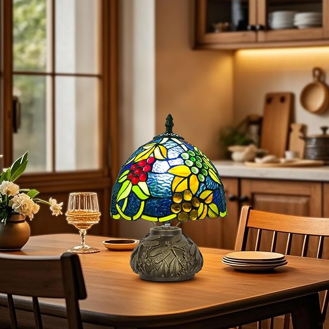 Small Tiffany Table Lamp,Stained Glass Lamp,8 Inch Mushroom Style Mini Vintage Desk Lights for Bedside, Bedroom,Nightstand,Living Room,3 Color Temperature (Yellow Leaf Grape)