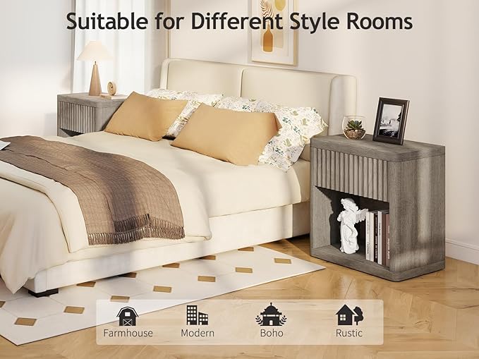 Night Stand Wide Bedside Table End Tables with Storage and Drawers, Modern Fluted Nightstand Side Table for Bedroom Living Room, Grey