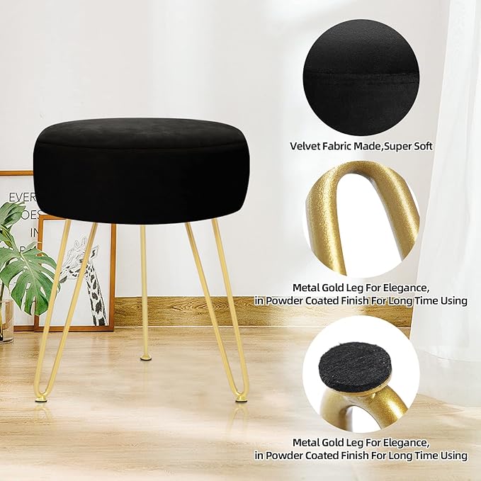 Velvet Soft Modern Vanity Footstool -Round Footrest Stool Ottoman Side Table Seat Dressing with Golden Metal Leg and Sponge Filling,Upholstered Foot Rest, for Living Room and Bedroom Black