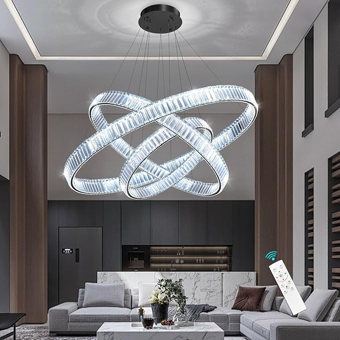 24''+32''+40'' Modern Ring Chandelier Crystal Chandeliers for Dining Room Round LED Dimmable Ceiling Light Fixture for Living Room Bedroom Lighting Black