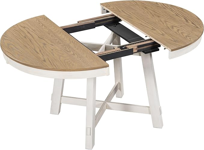 Ball & Cast Farmhouse Extendable Dining Table for 4-6, 42"-58" Extendable Kitchen-Table with a 16" Leaf, Round Ellipse Retro Wood Dining Room-Table w/Removable Leaves,Space Saving, Oak+Off White