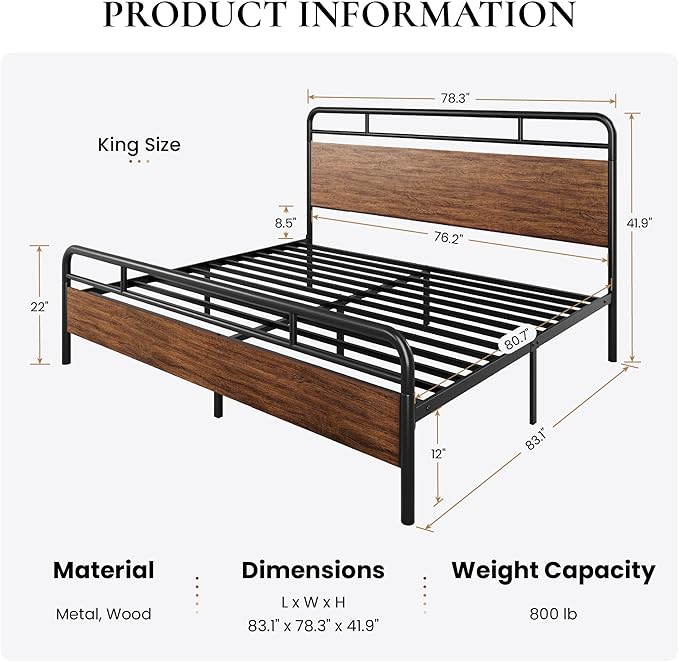 SHA CERLIN King Size Bed Frame with Wooden Headboard and Footboard, Rounded Corner Metal Structure, Heavy Duty Slats with Under-Bed Storage, No Box Spring Needed, Walnut