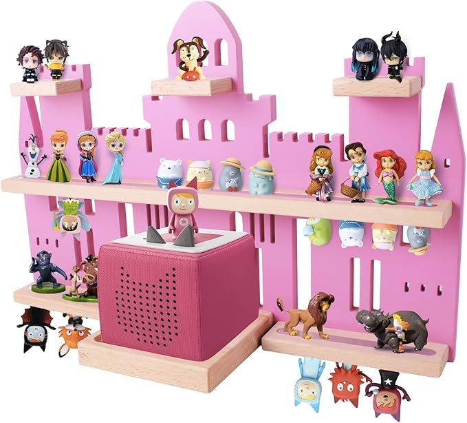 Tonie Shelf Castle for Toniebox,Wall Mounted Tonie Shelf Set,Tonie Figures Tonie Storage,Magnetic Wooden Floating Shelves Compatible with Toniebox for Kids Room (Pink)