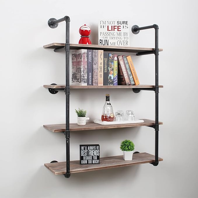 MBQQ Industrial Pipe Shelving Wall Mounted,44in Rustic Metal Floating Shelves,Steampunk Real Wood Book Shelves,Wall Shelf Unit Bookshelf Hanging Wall Shelves,Farmhouse Kitchen Bar Shelving(4 Tier)