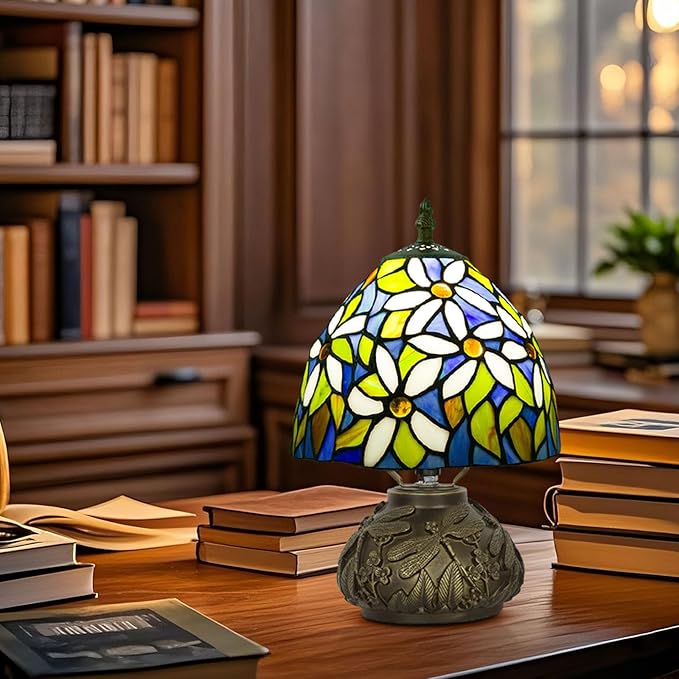 Small Tiffany Table Lamp,Stained Glass Lamp,8 Inch Mushroom Style Mini Vintage Desk Lights for Bedside, Bedroom,Nightstand,Living Room,3 Color Temperature (White Flower)
