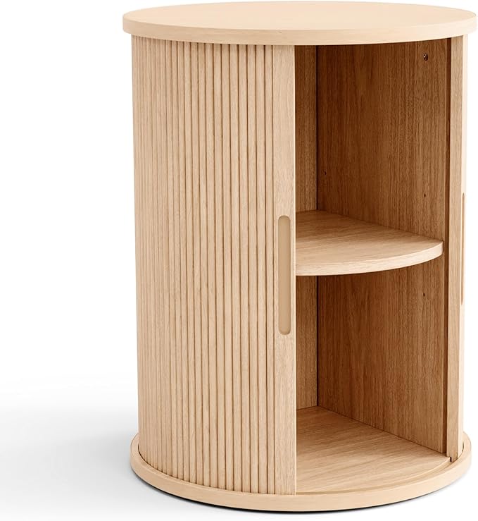 LINSY HOME Round End Table, Fluted Side Table with Sliding Tambour Door and Storage Shelf, Mid Century Modern Circular Nightstand for Bedroom, Wood Boho Tall Bedside Cabinet for Small Space, Oak