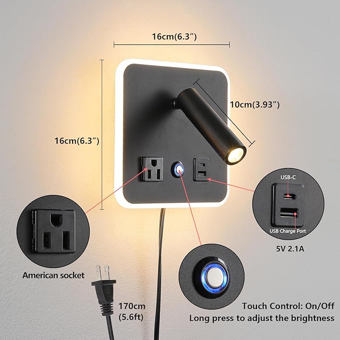 LED Wall Lamp Dimming Wall Mounted Reading Lights, Adjustable Headboard Plug in Wall Sconce with USB+USB C Ports, Headboard Bedside Lamp with 6W+3W Night Light 3000K (Black)