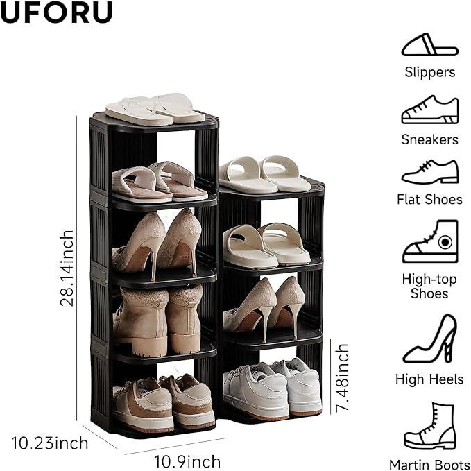 Vertical Shoe Rack, 9-Tier Plastic Stackable Storage Shelf for Small Closets and Narrow Spaces, Compact Free Standing Shoe Racks for Entryway Bedroom Dormitory