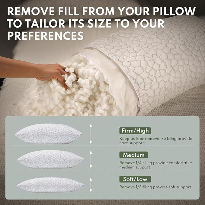 Pillows King Size Set of 2 - Cooling Shredded Memory Foam Pillow for Sleeping 2 Pack, Adjustable Cool Bed Pillows for Side, Back, and Stomach Sleepers, Gel Pillow Washable Removable Cover