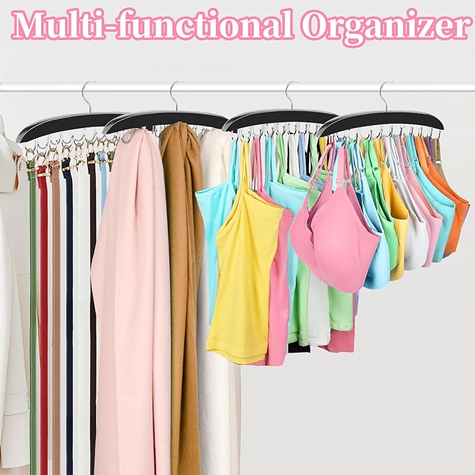360 Rotating Bra Organizer, Space Saving w/20 Foldable Metal Hooks, Tank Top Hanger Closet Organizers and Storage for Camisoles/Tank Tops/Belts/Scarves Black