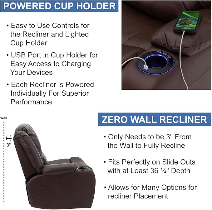 RecPro Charles 70" Powered Double RV Wall Hugger Recliner Sofa | Loveseat | RV Furniture with 2023 Updated Fabric (Mahogany)