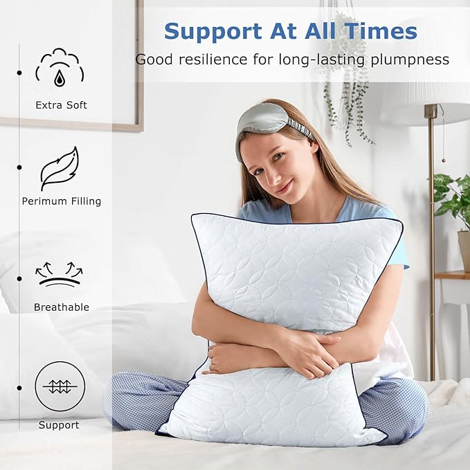 Pillows Standard Size Set of 2, Cooling Bed Pillow Hotel Quality Pillows 2 Pack for Back, Stomach or Side Sleeper, Fluffy Pillow with Down Alternative for Bed Sleeping, Machine Washable