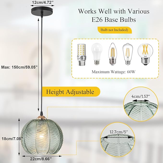 Pendant Lights Glass Pendant Lighting Kitchen Island Hand Blown 1-Light Modern Pendant Light Green Hanging Light fixtures with Glass Shade for Dining Room Bedroom Living Room