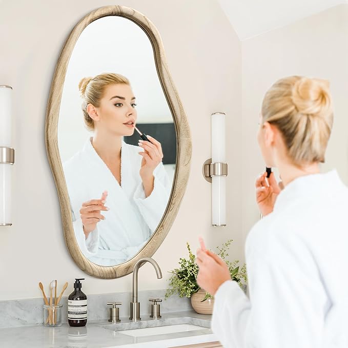 JJUUYOU Irregular Wood Mirror Asymmetrical Bathroom Wall Mounted Mirror 36"x24" Large Horizontal or Vertical Hanging Wall Mirrors for Makeup Bedroom Living Room Wood
