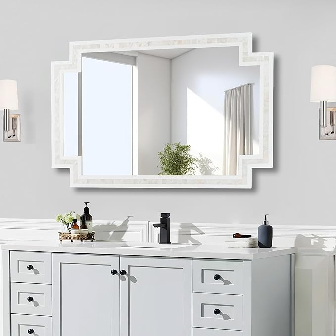 Tanmicoshomy 24 x 36 Inch Rectangle Bathroom Mirrors for Wall, White Shell Framed Decorative Mosaic Mirror for Bedroom, Living Room or Entryway, Wall Mounted Horizontal or Vertical