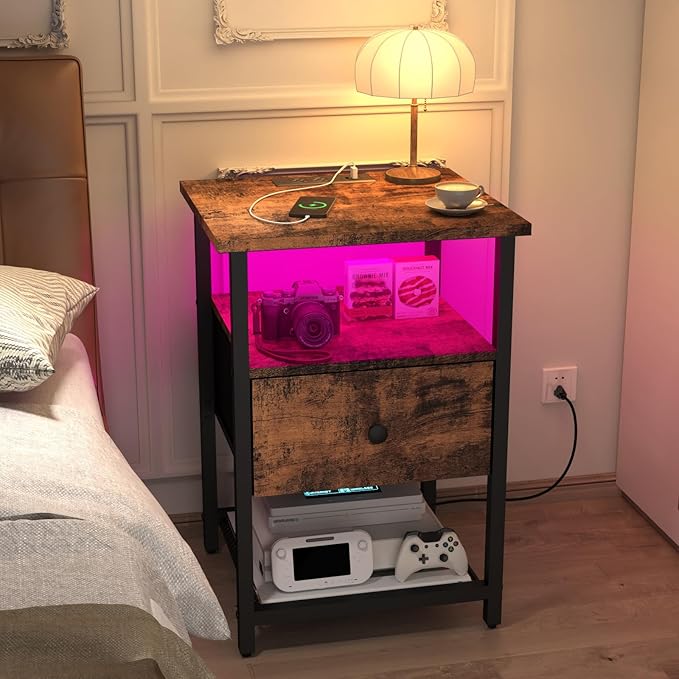 LED Nightstands Set of 2 with Charging Station, Bedside Tables with USB Ports and Outlets, End Table with Fabric-Wood 2-in-1 Drawer for Small Spaces, Vintage Side Table for Bedroom,Living Room