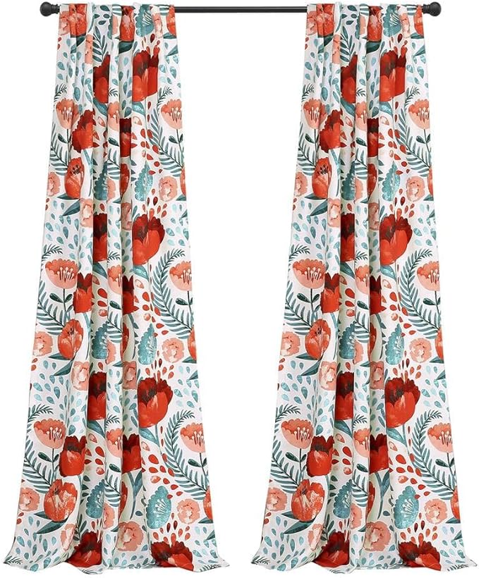 Lush Decor x 52” Multicolored Poppy Garden Curtains Light Filtering Window Set for Living, Dining, Bedroom, 108 in L Panel Pair, Multi