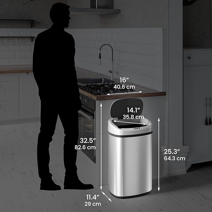 SensorCan 13 Gallon Oval Sensor Trash Can with AC Adapter and Odor Filter, Automatic Motion Sensor Kitchen Bin, Soft-Close Stainless Steel, Slim Curved Wastebasket for Narrow Walkways, Matte Silver