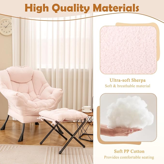 GORELAX Lazy Chair with Ottoman, Modern Accent Chair w/Armrests & Side Pocket, Upholstered Lounge Sofa Chair & Folding Footstool Set, Reading Chair for Bedroom, Living Room, Dorm Room (Plush Pink)