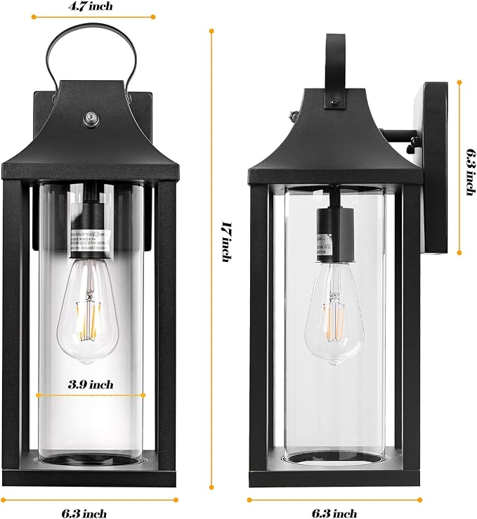 Dusk to Dawn Outdoor Lighting for House 17 Inch, Black Porch Light Cylindrical Glass IP65 Waterproof Large Outdoor Light Fixture Farmhouse Sconces Wall Lighting Exterior Lanterns for Patio