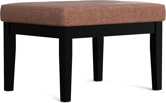 SIMPLIHOME Lacey Small Tufted Ottoman Bench - 26 inch Wide Upholstered Vegan Leather Rectangle Ottoman in Distressed Saddle Brown, Contemporary Bench for Bedroom with Stitching Detail, Assembled