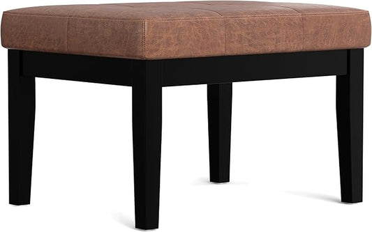 SIMPLIHOME Lacey Small Tufted Ottoman Bench - 26 inch Wide Upholstered Vegan Leather Rectangle Ottoman in Distressed Saddle Brown, Contemporary Bench for Bedroom with Stitching Detail, Assembled