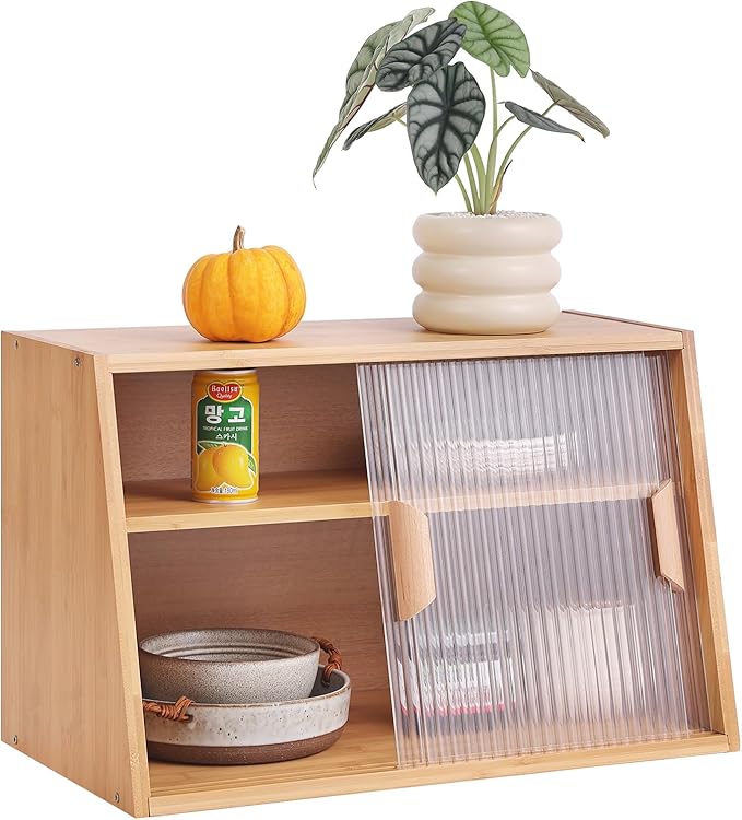 Tiita Small Kitchen Pantry Cabinet, Bamboo Sideboard with Glass Doors, Cupboard Food Pantry Cabinet for Kitchen, Living Room and Dinning Bedroom
