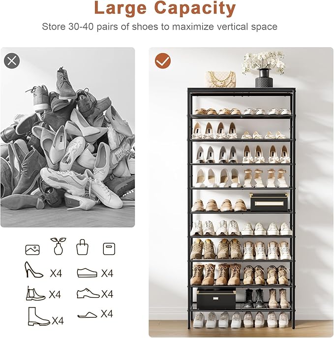 10-Tier Tall Shoe Rack Organizer Shoe Storage for Entryway 30-40 Pairs Metal Shoe Rack for Closet Heavy-Duty Shoe Rack with Wooden Top Shelf for Garage Black