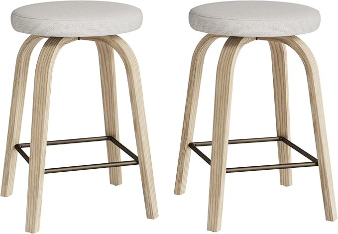Bar Stools Set of 2, Counter Height Backless Bar Stools, 26" Swivel Barstools Kitchen Chair with Upholstered Fabric Seat, Beige