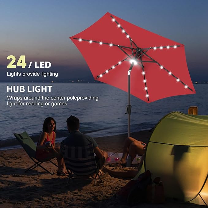 7.5ft Solar Umbrella Outdoor - Lighted Solar Patio Umbrella with 24 LED Lights Waterprool UV Protection, Table Umbrella with Tilt for Pool, Porch, Garden, Deck, Backyard (Red)