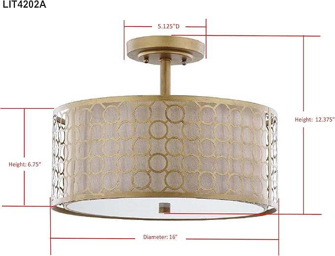 SAFAVIEH Lighting Collection Giotta Farmhouse Antique Gold 16-inch Diameter Semi Flush Mount Ceiling Light Fixture (LED Bulbs Included)