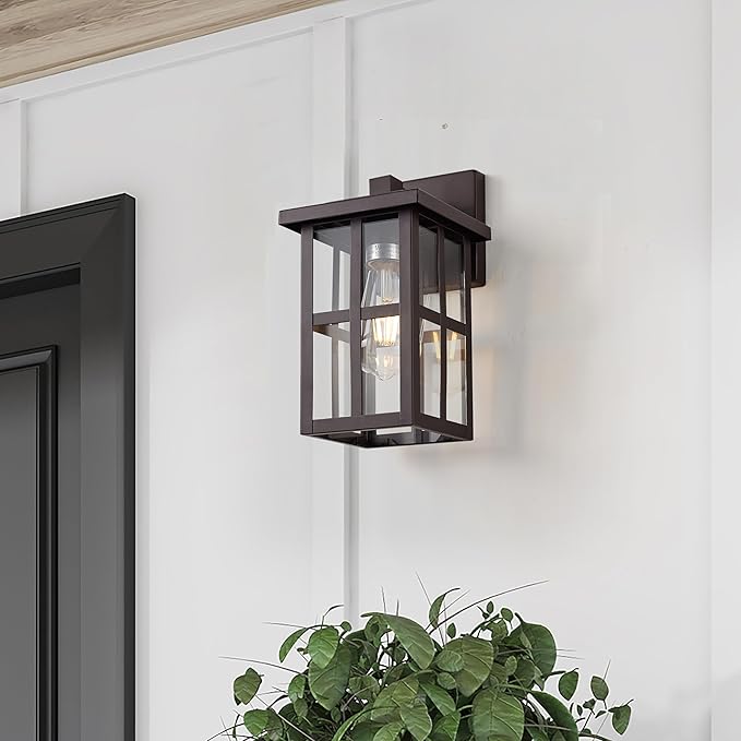 MICSIU Bronze Outdoor Wall Light Fixture, 11" Modern Farmhouse Exterior Wall Mount Lantern with Clear Glass, Anti-Rust Square Sconce for House Porch Garage, Oil Rubbed Bronze, 1-Pack