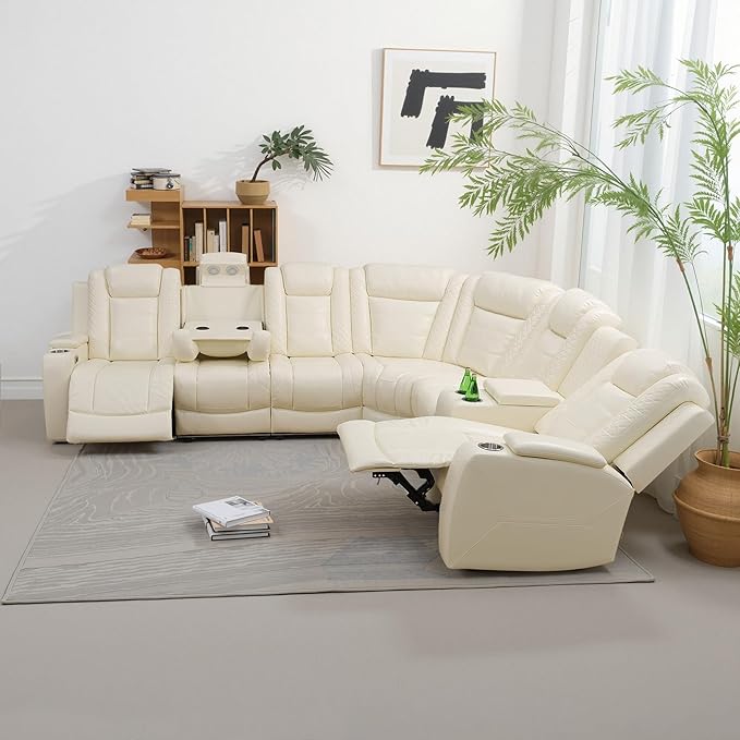 Power Recliner Sectional Sofa with LED Light, Breathing Leather Recliner Sofa Couch with USB Port/Cup Holder/Storage for Living Room (6 Seat Reclining Sectional Couch, Cream White)