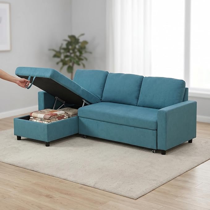 Pull Out Couch, L Shaped Sectional Couch with Pull Out Bed, Convertible Sofa Bed with Storage Chaise, Queen Size Sleeper Sofa, Sofa Bed Couch, Sleeper Sofa with Storage, Blue