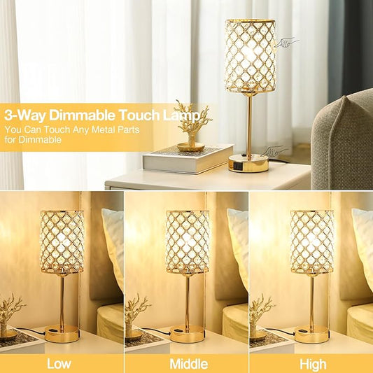 Touch Control Crystal Table Lamp-Dimmable Nightstand Lamp with USB-C+A & AC Charging Ports, 3-Way USB Gold Lamp, Bedside Desk Light for Bedroom Living Room Home Office(Bulb Included & Set of 2)