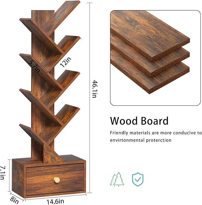 8 Tier Tree Bookshelf with Drawer, Free Standing Wood Bookcase for Narrow Space, Storage Organizer Bookshelves for Books, Book Case for Home Office, Living Room, Bedroom, Rustic Brown