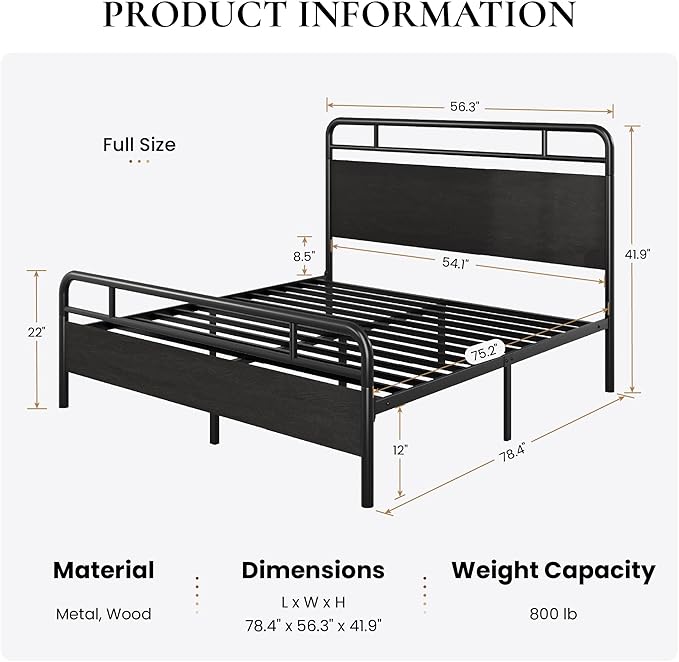 SHA CERLIN Full Size Bed Frame with Vintage Industrial Wood Headboard, Heavy Duty Metal Platform with 12" Under-Bed Storage, Mattress Foundation, No Box Spring Needed, Noise-Free, Easy Assembly, Black