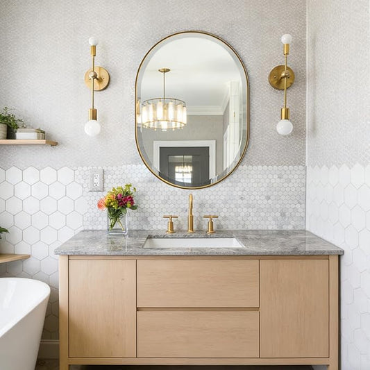 POZINO Modern Oval Beveled Mirror, 22"x30" Brushed Gold Bathroom Vanity Mirror Over Sink, Pill Shaped Capsule Wall Mounted Mirrors for Living Room Bedroom Entryway, Hangs Vertically or Horizontally