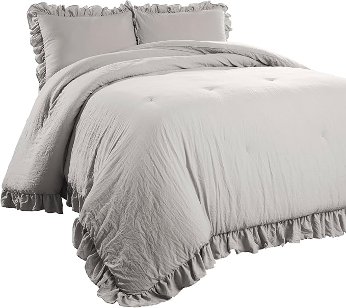 Lush Decor Reyna Ruffle Comforter Set, King, Light Grey, 3 Piece Cozy Bedding Set