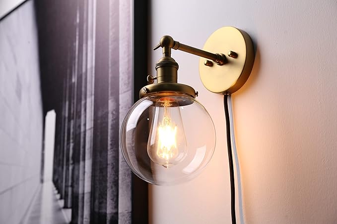 PERMO Plug in Sconce On/Off Switch Wall Sconce with 5.9" Round Globe Clear Glass Shade Vintage Industrial 1-Light Wall lamp Light Fixture (Antique Gold)
