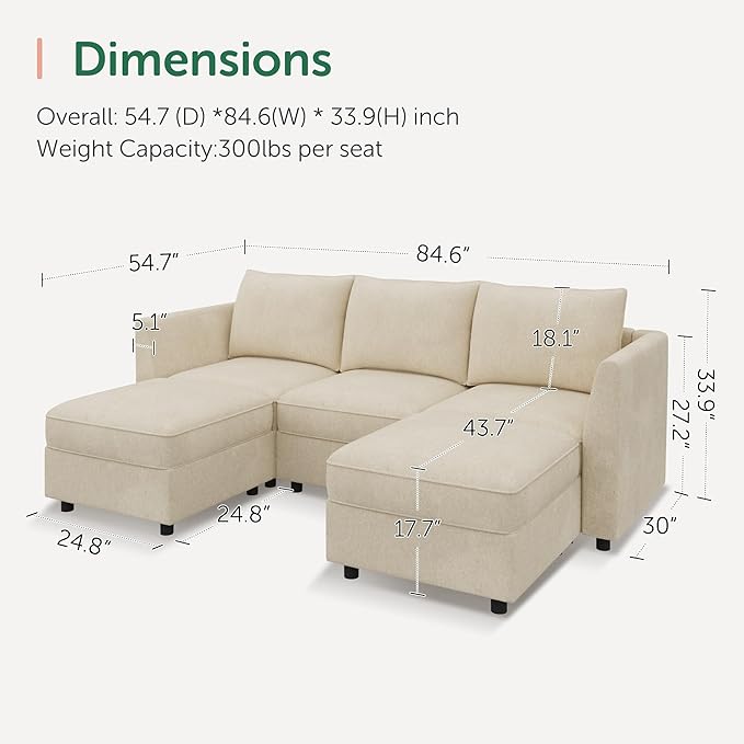 HONBAY Modular Sectional Sofa with Storage U Shaped Sectional Sofa, Convertible Couches for Living Room - Beige