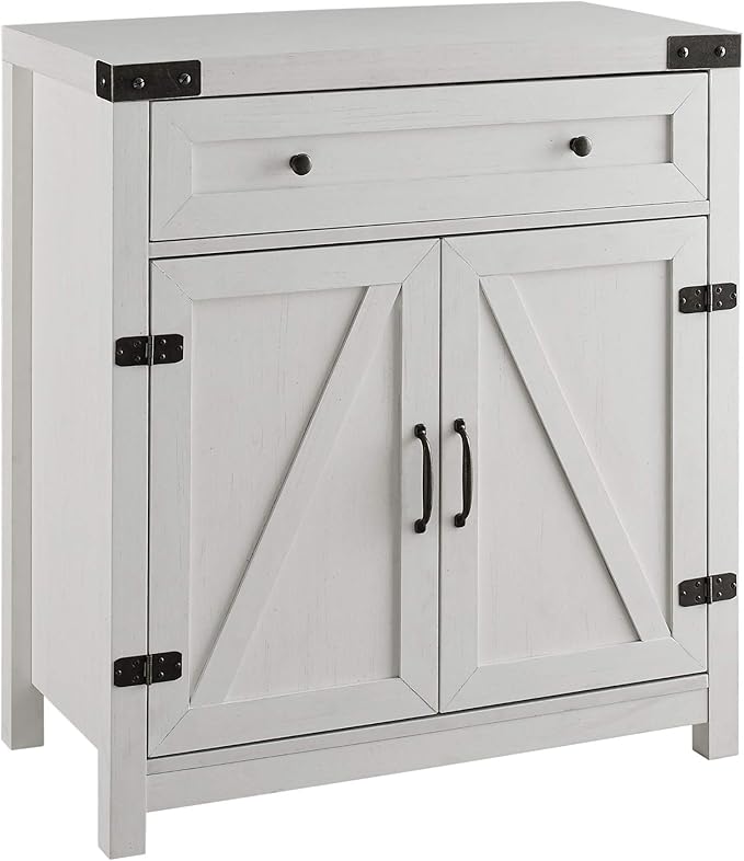 Walker Edison Farmhouse Double Barn Door Accent Kitchen Storage Cabinet Pantry with 1 Drawer, 30 Inch, Brushed white