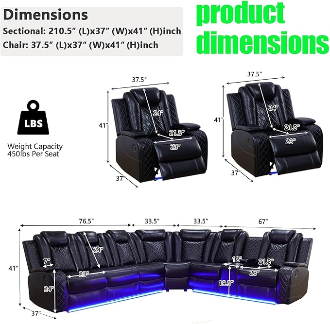 A Ainehome Power Recliner Sectional Sofa, Living Room Furniture Sets, Leather Power Reclining Sofa Set, Sectional Reclining Couch with LED/Storage Console for Living Room/Office(A-Black)