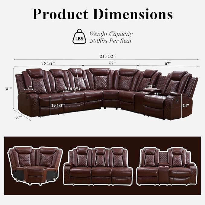Power Reclining Sectional Sofa for Living Room – Brown Leather Sectional with Recliner, LED Lights, Storage Console & Cup Holders, Comfortable Family Couch