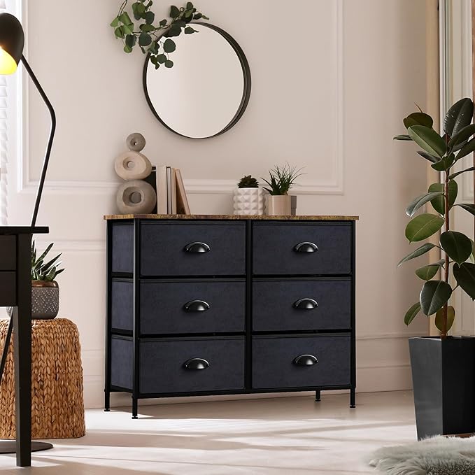 Sorbus Dresser with 6 Fabric Drawers - Bedroom Furniture Storage Chest Tower Unit for Bedroom, Hallway, Closet, Office Organization - Steel Frame, Rustic Wood Top, Easy Pull Fabric Bins