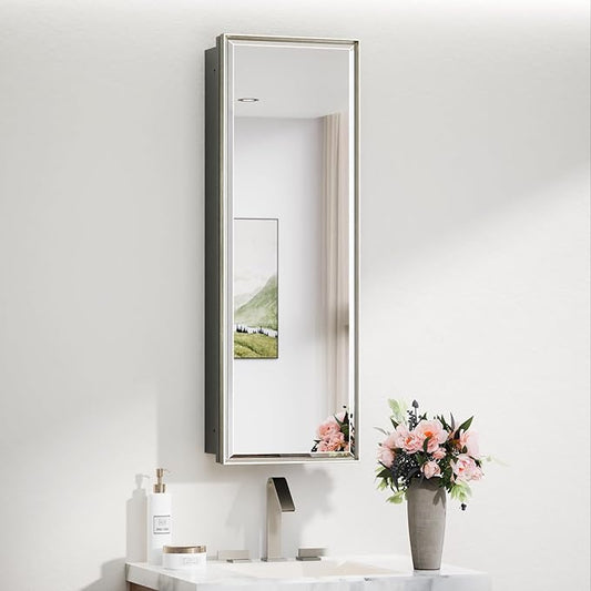 TokeShimi 12x36 Recessed Medicine Cabinet with Mirror Surface Mount, Bathroom Beveled Mirror with Storage Adjustable, Aluminum Framed Metal Brushed Nickel Medicine Cabinet Mirrored